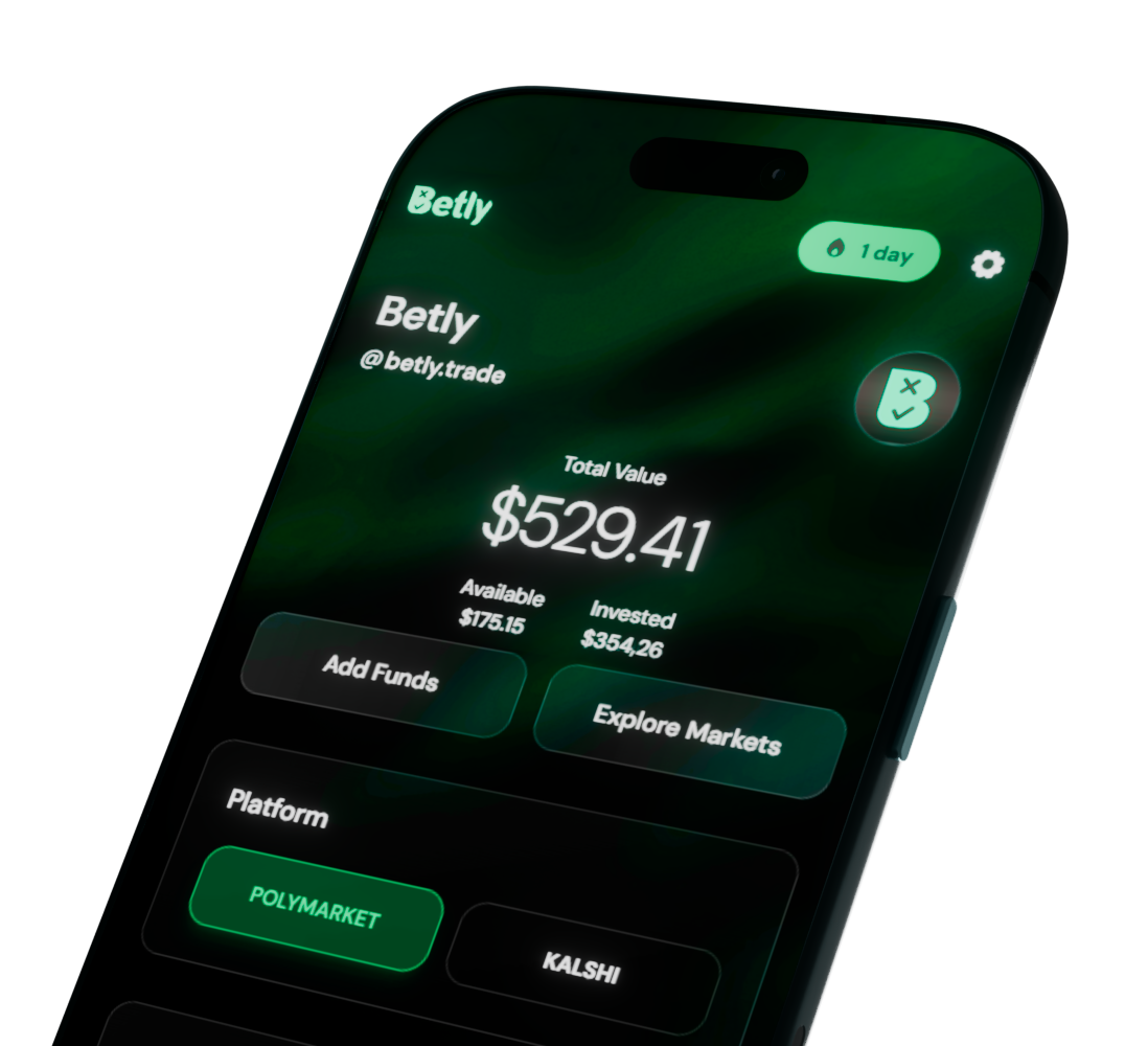 Betly mobile app showing portfolio tracking with total value, available balance, and platform selection